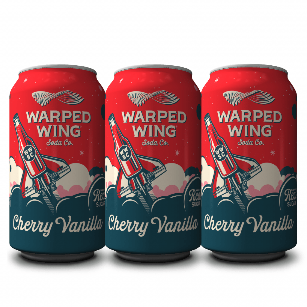 photo three warped wing cherry vanilla soda cans on white background