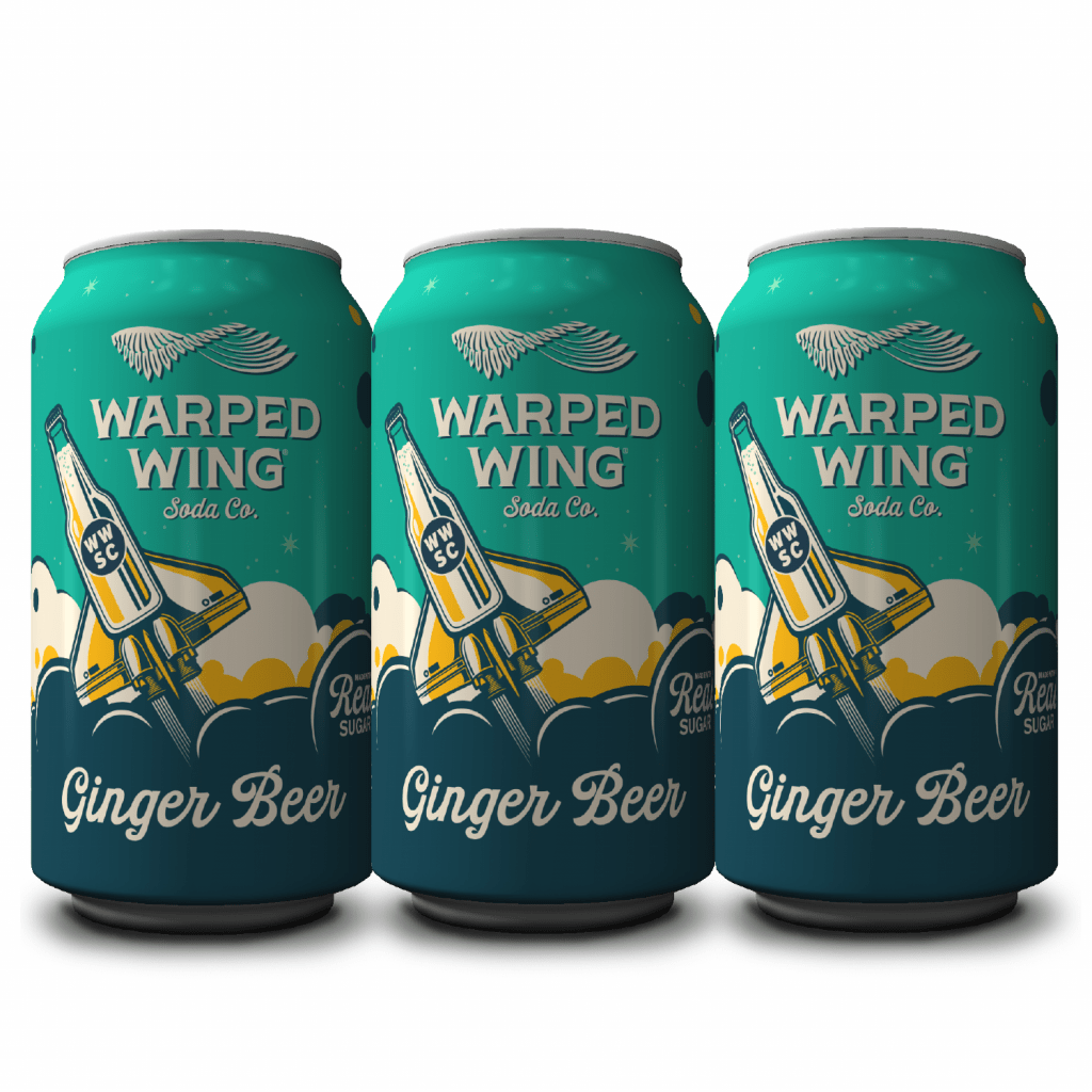 photo three warped wing ginger beer soda cans on white background