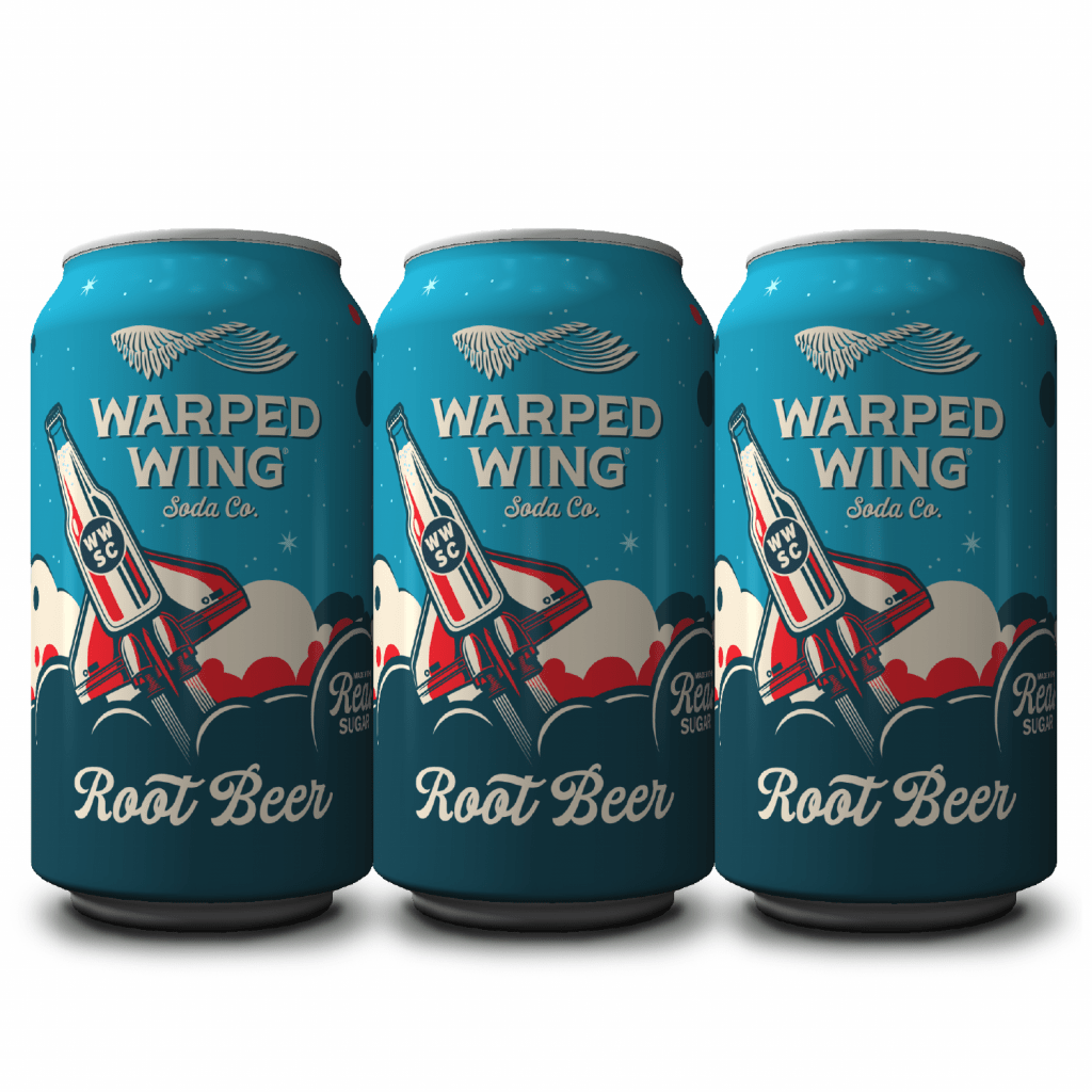 photo three warped wing root beer soda cans on white background